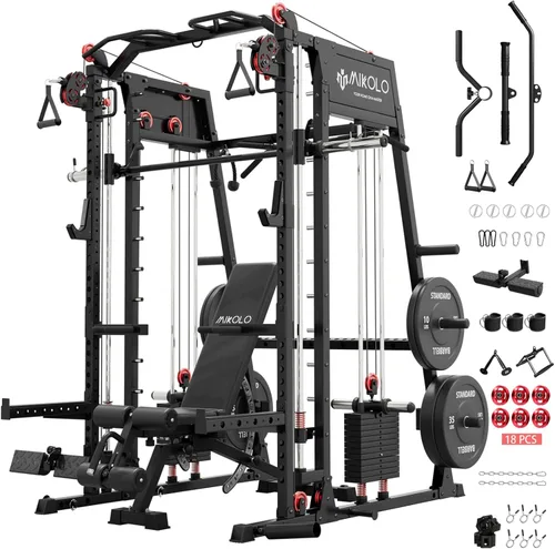 Miniatura 20 de Máquina de Smith Mikolo, banco de sentadillas de 2200lbs con sistema de tracción LAT y máquina de cruce de cables, equipo de entrenamiento con Rojo