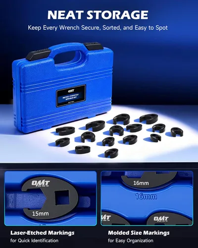 Miniatura 7 de Juego de llaves Orion Motor Tech Crowfoot para tuercas acampanadas de 8 a 24 mm, kit de herramientas de tuerca Crowfoot, juego de 15 piezas de Azul