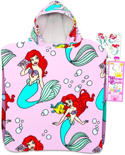 Disney Juego de toallas con capucha de La Sirenita para niños y niñas, paquete de poncho de toalla de baño de La Sirenita con calcomanías y más |