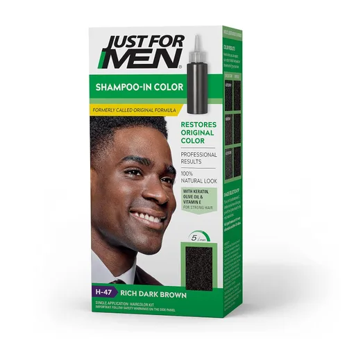 Just For Men Champú en color (antes fórmula original), tinte de cabello para hombre con queratina y vitamina E para un cabello más fuerte, marrón