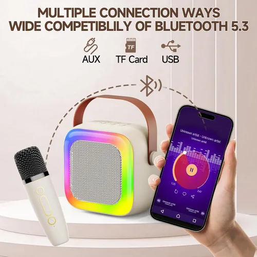 Miniatura 6 de Mini máquina de karaoke para niños, adolescentes y adultos, máquina de karaoke para niños con 2 micrófonos inalámbricos y luces LED, juguetes
