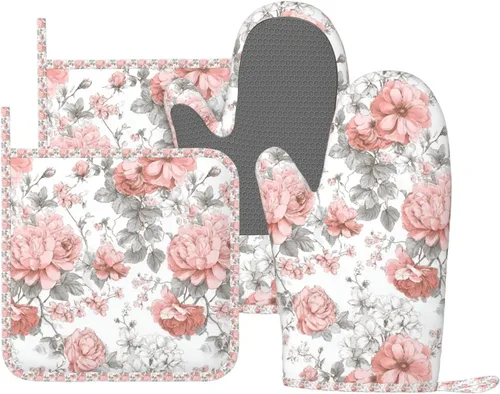 Miniatura 11 de Oven Mitts Pot Holders Set Daisy Flower Pastel Color Silicone Kitchen Gloves Potholders Heat Resistant for Chef Baking Cooking Grilling BBQ 4 Pack