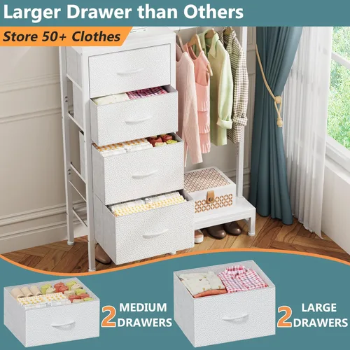 Miniatura 5 de HIGDBFE Cómoda alta de 44 pulgadas de alto con estante para colgar, cómoda pequeña de 4 cajones para dormitorio, cómoda de tela reversible con Blanco