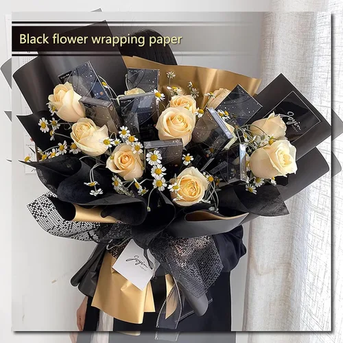 Miniatura 3 de Papel de regalo de flores negras, 20 piezas de papel de regalo de rosas, papel de regalo floral, impermeable, arreglos florales dorados y negros