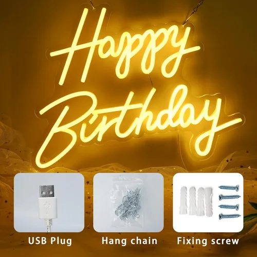 Miniatura 6 de Aslanka Letrero de neón de feliz cumpleaños, letreros de neón LED para decoración de fiestas, letrero de luz de neón HBD alimentado por USB