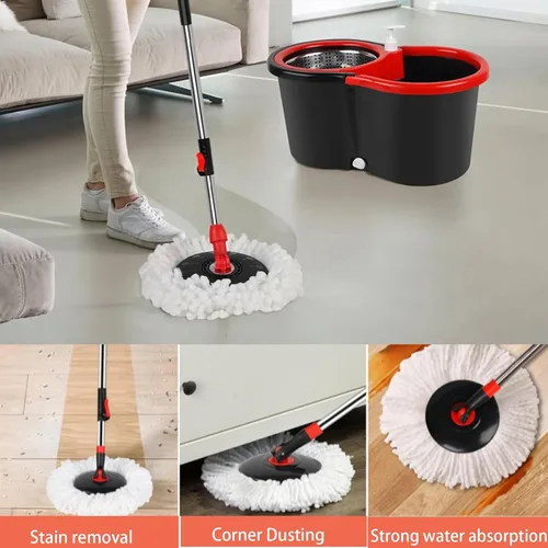Miniatura 5 de Trapeador giratorio y cubo con juego de escurridor, sistema de cubo giratorio de 360° con 3 cabezales de repuesto de mopa de microfibra, mango