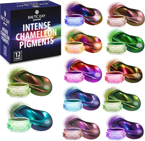 BALTIC DAY Juego de polvo de mica camaleón intenso – 12 pigmentos ultrafinos de cambio de color cromado hipershift para resina epoxi, vasos, uñas,