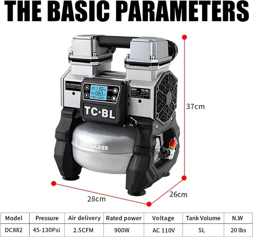 Miniatura 5 de TC·BL Compresor de aire portátil, 110V, silencioso, pequeño, ligero y sin aceite con tanque de aluminio de 5L