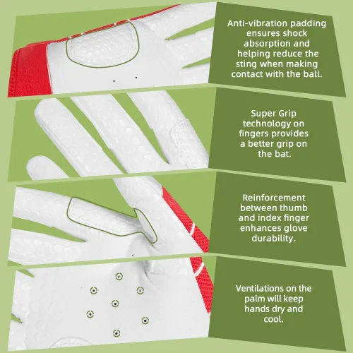 Miniatura 4 de Seibertron B-A-R PRO 2.0 - Guantes insignia de bateo para béisbol, sóftbol y Teeball, con super agarre, ajuste de dedo, múltiples tamaños 11 + 5 Rojo