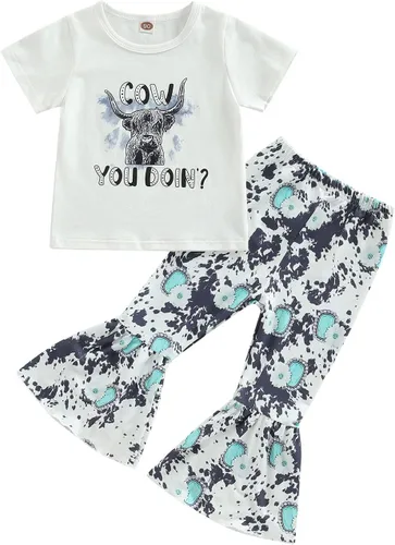 Miniatura 78 de fhutpw Conjunto de camiseta de manga corta con estampado de vaca y pantalones acampanados de dibujos animados para niñas