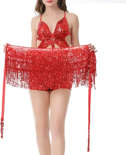 Miniatura 5 de DOOVID Falda de danza del vientre, falda bohemia con borlas y lentejuelas para mujer, faldas brillantes para fiesta de Halloween