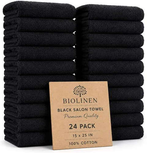 BIOLINEN Juego de 24 toallas de algodón para salón de belleza, 15 x 25 pulgadas, ultra suaves, 100% algodón, toalla de mano, color blanco y negro,