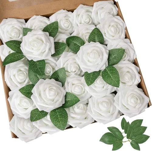 AmyHomie AmyHomie - Lote de 50 rosas artificiales con tallo para ramos de boda Blanco