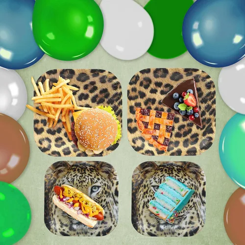 Miniatura 6 de Havercamp Fiesta temática de leopardo para 16 invitados (32 piezas) Incluye 16 platos llanos y 16 platos laterales. Leopardo fotorealista para un