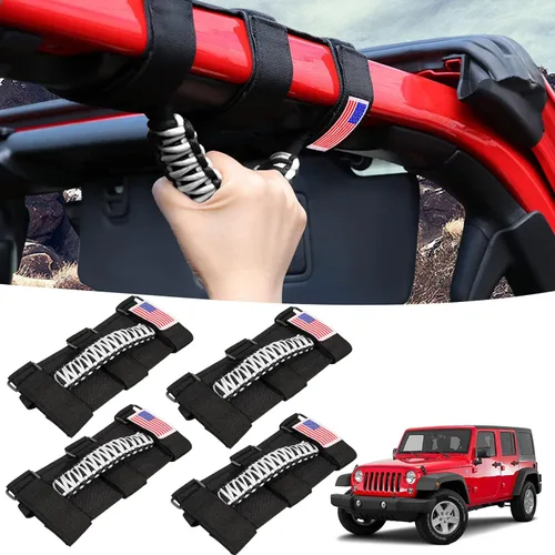 GAIZON Paquete de 4 asas de agarre para barra de rollo con diseño de bandera de EE. UU. de paracord, reemplazo para Jeep Wrangler YJ TJ JK JL, Blanco