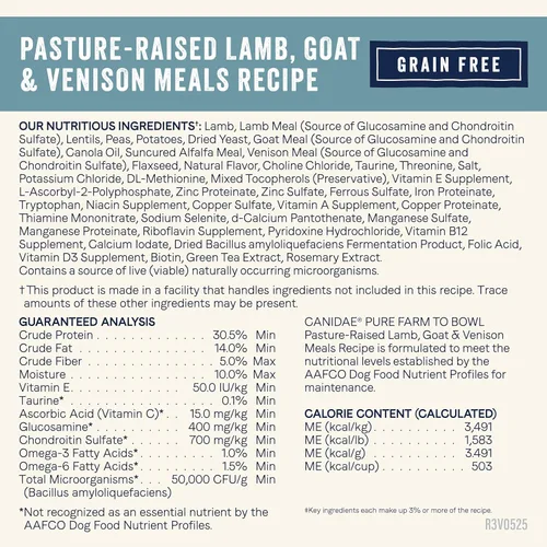 Miniatura 9 de Canidae Pure Farm to Bowl - Alimento seco para perros de cordero criado en pasto con comidas de cabra y venado, adulto, sin granos, 22 libras
