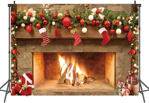 Telón de fondo de chimenea navideña de 7 x 5 pies – Escena festiva de repisa de chimenea con medias, adornos y fuego – Banner de decoración navideña