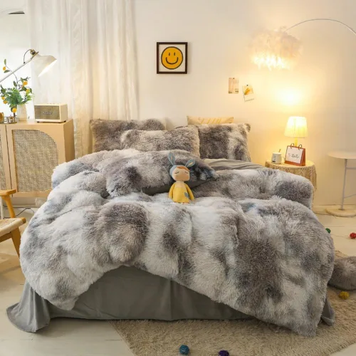 Miniatura 18 de chovy Juego de edredón de pelo sintético teñido anudado negro, gris y blanco, tamaño King, juego de cama de 3 piezas, ultra suave, franela de felpa