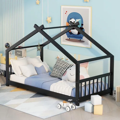 Miniatura 11 de Cama de casa de tamaño individual para niños, base de cama Montessori tamaño individual con cabecero y estribo, cama de madera para niños y niñas