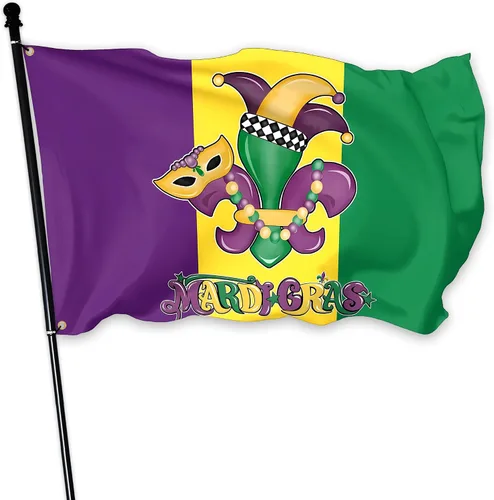 Bandera de Mardi Gras de 3 x 5 pies para exteriores, máscara de fiesta de Mardi Gras, bandera de poliéster de doble cara para martes grasos para