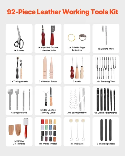 Miniatura 2 de VEVOR Kit de herramientas de trabajo de cuero, 92 piezas con bolsa de almacenamiento de cuero portátil, herramientas de lijado de estampación