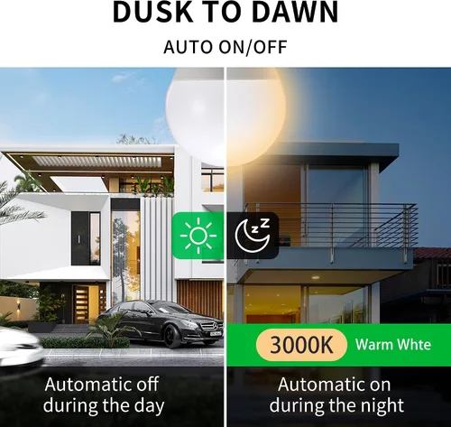 Miniatura 2 de Qualilux Bombillas LED pequeñas A15 de Dusk to Dawn para exteriores, 450 lúmenes, blanco cálido, 5 W = 40 W, encendido y apagado automático
