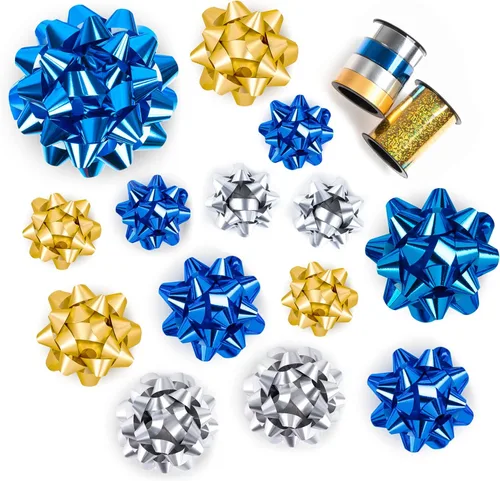 WRAPAHOLIC Surtido de 16 Lazos de Regalo - 14 Lazos de Regalo de Varios Colores y Tamaños Surtidos (Azul Real, Dorado, Plateado) y 2 Cintas Rizadas