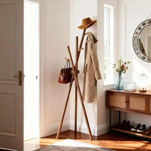 Miniatura 7 de VICITON Perchero de madera, trípode independiente con 3 ganchos para ropa, sombreros y bolsos, perchero para dormitorio, sala de estar, entrada