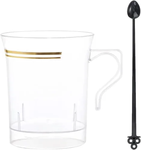 Miniatura 7 de Nervure Paquete de 60 tazas de café de plástico negro con 60 agitadores de café negros, tazas de café desechables de 8 onzas con asas y agitadores