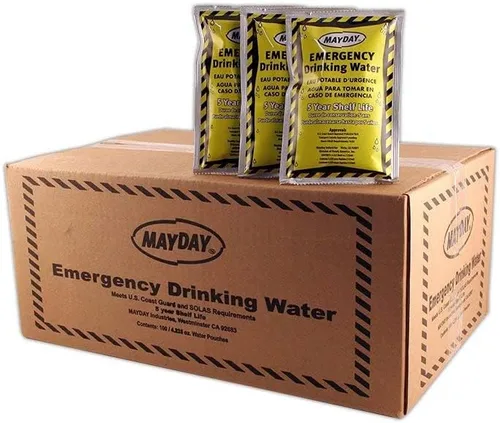 Miniatura 2 de Mayday, caja con bolsas de agua para emergencia (100 unidades). Preparación para casos de emergencia, supervivencia y viajes con mochila a cuestas.