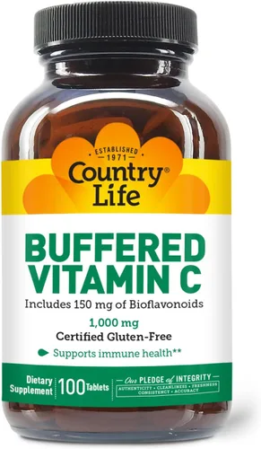 Country Life Vitamina C tamponada de 1000 mg con bioflavonoides, calcio, magnesio, potasio, apoyo inmunológico, cápsulas veganas, sin gluten, suave