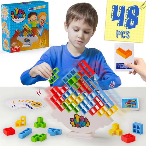 Miniatura 7 de WOWNOVA 48 piezas Torre Tetra, divertido juego de equilibrio y construcción de bloques para apilar para niños, adultos, amigos, equipo, aula