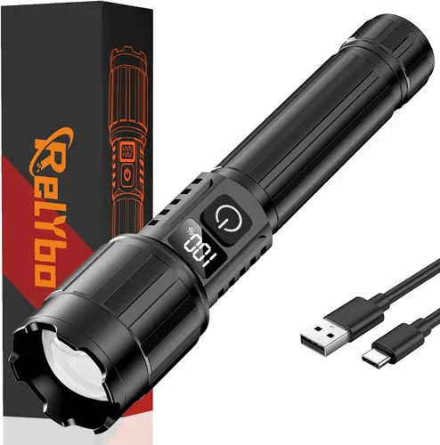 Relybo Linterna LED recargable de 20000 lúmenes altos, largo alcance y tiempo de funcionamiento de 12 horas | Linternas súper brillantes USB C,