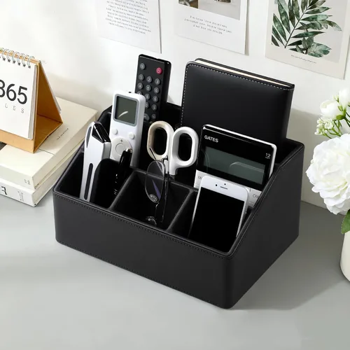 Miniatura 2 de Soporte para control remoto con 5 compartimentos para suministros de arte de oficina, organizador de mesita de noche de cuero sintético, soporte
