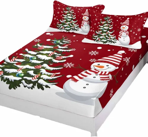 Miniatura 8 de Juego de sábanas con diseño de muñeco de nieve y árbol navideño para cama tamaño queen, 3 piezas - Sábanas con bolsillo profundo que se ajustan a