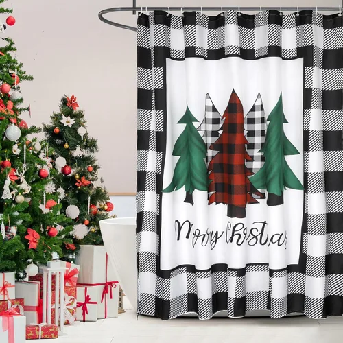 Cortina de ducha con ganchos, diseño de búfalo blanco y negro con diseño de búfalo, cortinas de baño con ganchos, 72 x 72 pulgadas