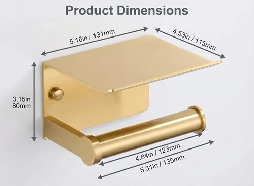 Miniatura 8 de YOUDA Soporte de papel higiénico dorado con estante de montaje en pared, autoadhesivo, sin taladro ni tornillo, aluminio resistente al óxido, ahorro