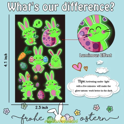 Miniatura 6 de Leesgel Tatuajes temporales de Pascua para niños, huevos de Pascua, conejo, calcomanías de tatuaje, suministros de decoración para niños y niñas