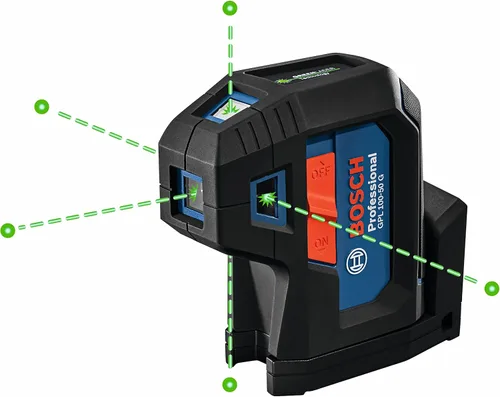 BOSCH Láser de alineación autonivelante de haz verde GPL100-50G, incluye 2 baterías AA, montaje multiusos integrado y estuche de transporte duro