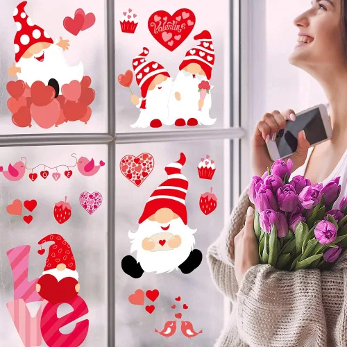Miniatura 7 de CCINEE Adhesivo de ventana para el día de San Valentín, 6 hojas de calcomanías para ventana de gnomo, elfo, corazón, para San Valentín, boda