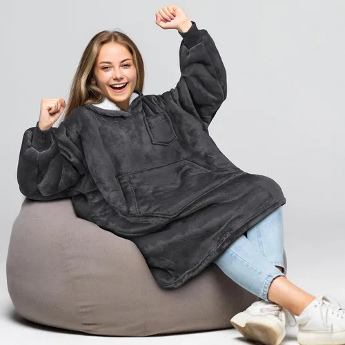 Miniatura 6 de PAVILIA Sudadera Manta Ponible para Niños y Niñas, Sudadera con Capucha Gigante Cálida y Acogedora, Forro Polar Sherpa con Capucha y Mangas de Gris