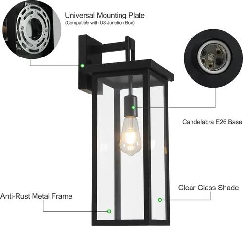 Miniatura 9 de tewei Farol de Pared Exterior de Gran Tamaño Accesorio de Luz de Pared Exterior, Luz de Porche Negro Mate, Luces Exteriores Impermeables para Casa
