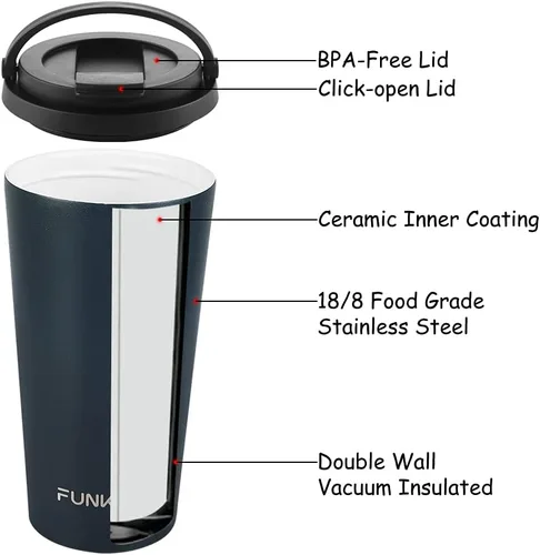 Miniatura 6 de Funkrin Taza de café aislada con revestimiento de cerámica, taza de café helado de 16 onzas con tapa abatible y asa, taza de viaje a prueba de fugas