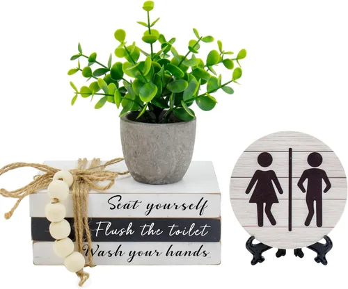 Letreros Decorativos para Estante de Baño, Pila de Libros y Letreros Redondos 3D con Plantas Falsas, Divertida Decoración de Madera para Estante de