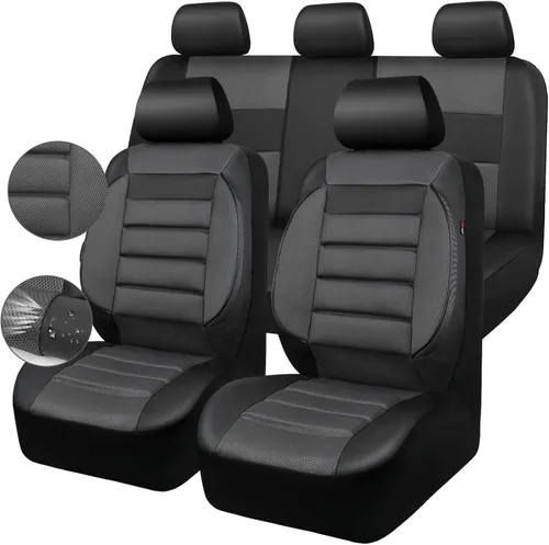 CAR PASS Juego completo de fundas de asiento de automóvil de cuero con soporte lumbar de espuma 3D, fundas de asiento automotrices de malla de aire,