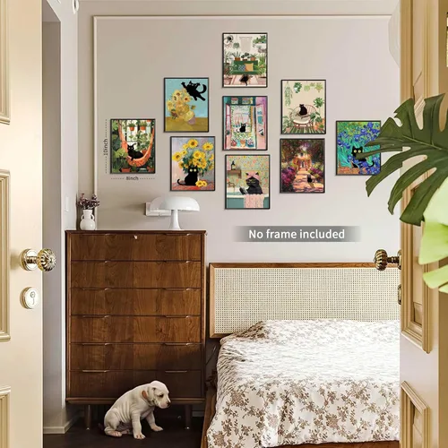 Miniatura 6 de Divertido póster de arte de pared de gato negro, juego de 9, impresiones en lienzo vintage de gato negro de Van Gogh, impresiones estéticas florales