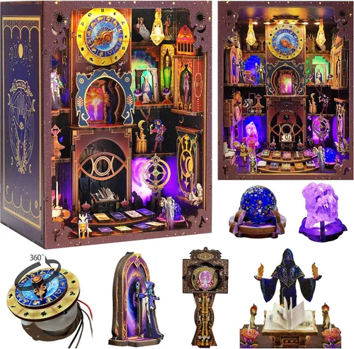 Miniatura 10 de Kit de rincón de libros para adultos – Registro de museo de dinosaurios, rompecabezas de casa de muñecas 3D de madera con luces LED, decoración