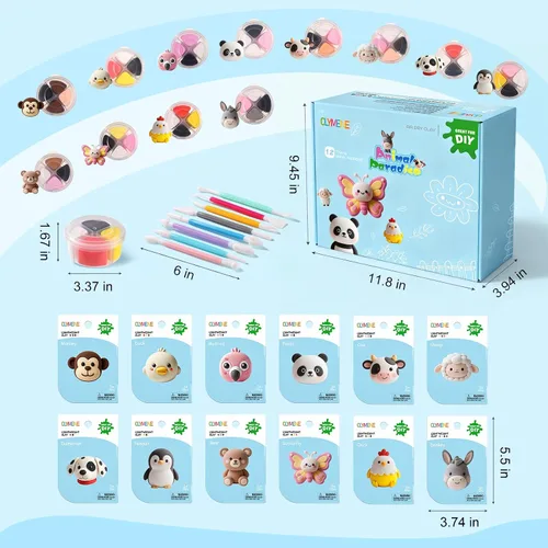 Miniatura 2 de CLYMENE Kit de arcilla seca al aire para niños, 12 animales de arcilla para modelar con herramientas y tutoriales, artes y manualidades, juguetes