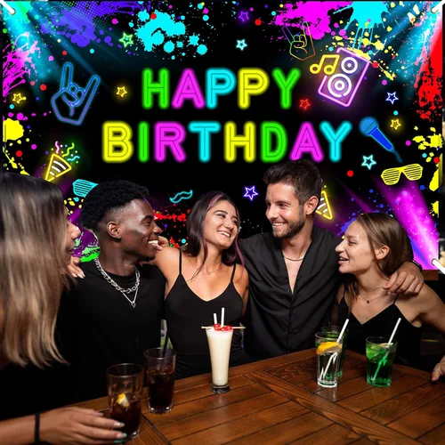 Miniatura 8 de Cartel de cumpleaños neón de 6 x 3.6 pies que brilla en la oscuridad, decoraciones de neón para fiesta de cumpleaños, fondo de fotografía