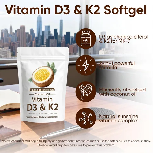 Miniatura 3 de Naturals D3 K2, Vitamina D3 10000 UI + K2 200 MCG, Vitamina D3 y K2 Cápsulas blandas de aceite de coco para hueso, salud inmunológica, aumenta